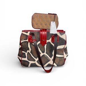 Dooney & Bourke Vintage red leather giraffe print tote and monogram coin bag NWT